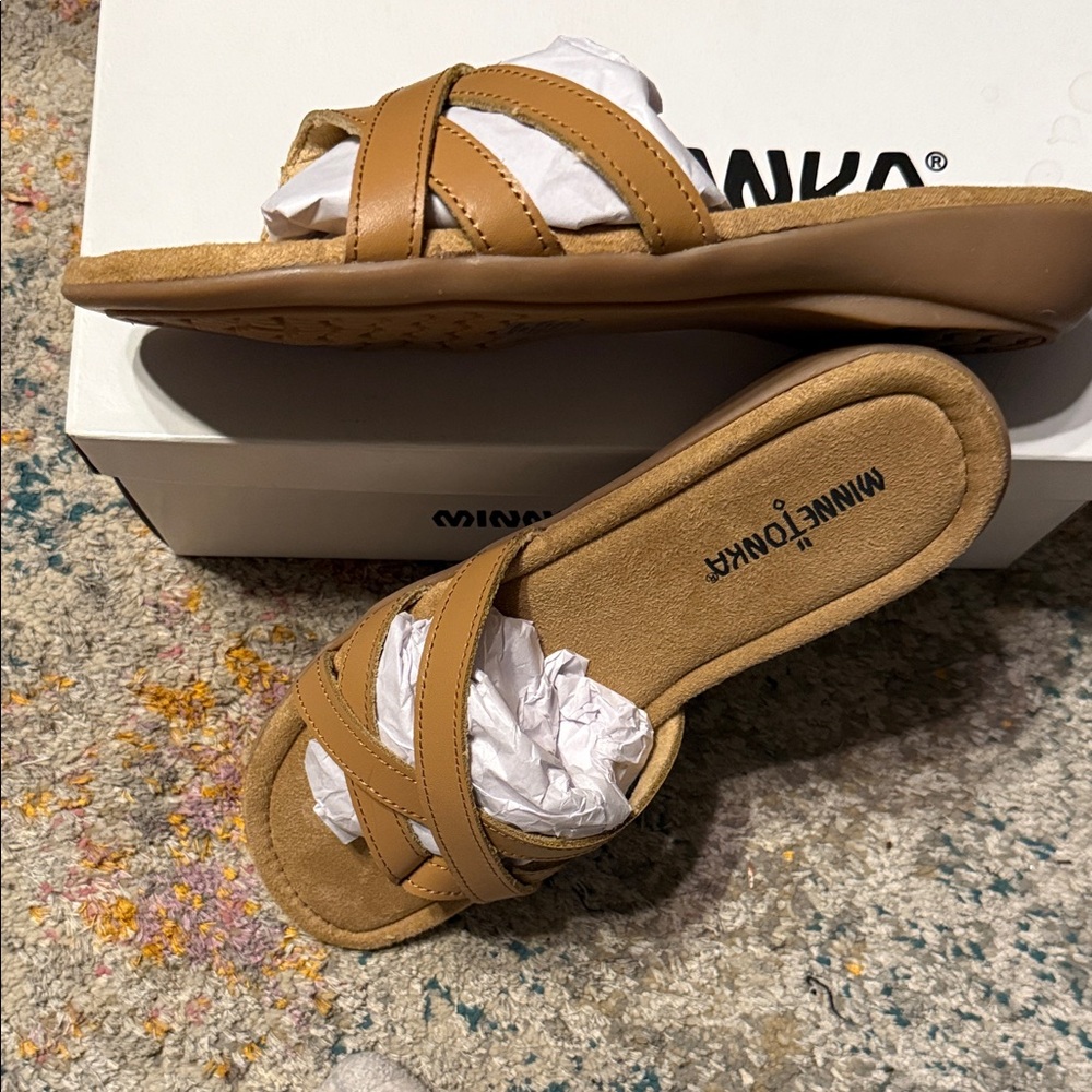 Minnetonka Tan Leather Crisscross Slide Sandals - Picture 3 of 8